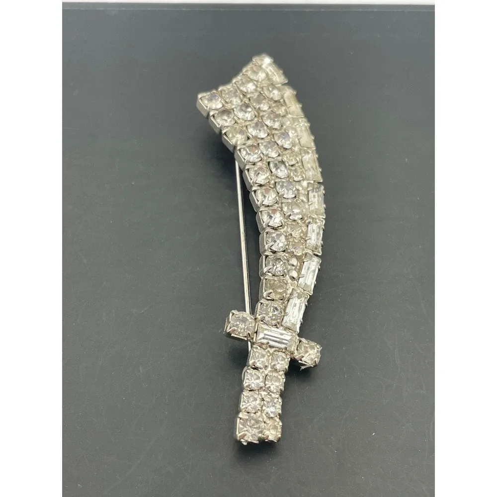 Vintage rhinestone Sword Brooch Silver Tone Scimitar Mid Century Costume Jewelry
